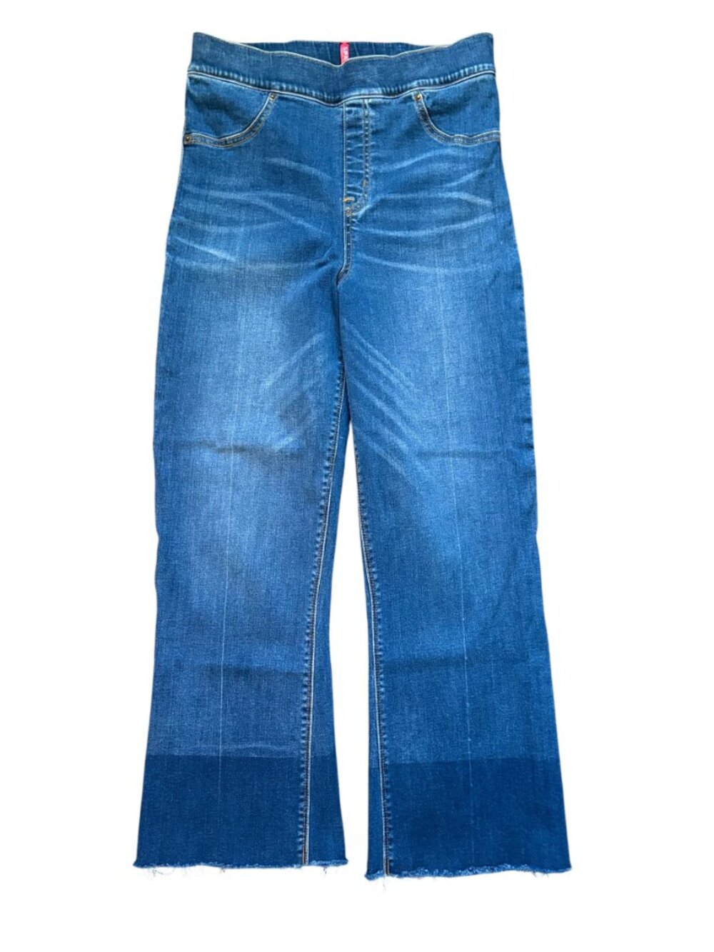 SPANX Pull-On Flare Crop Jeans Women’s L/G Dark Wash Raw Hem Stretch Denim